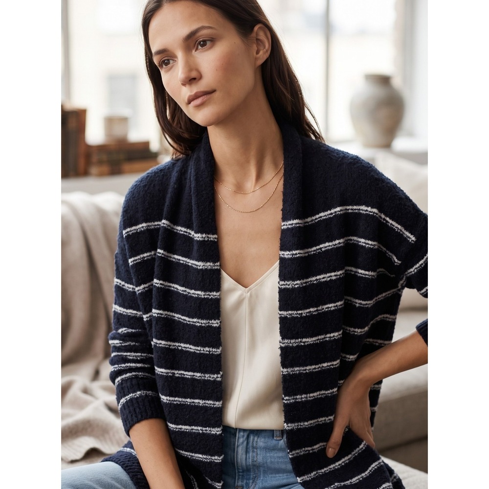 Vince Striped Italian Wool Open Cardigan Navy Off White NWT Sizes S M $445